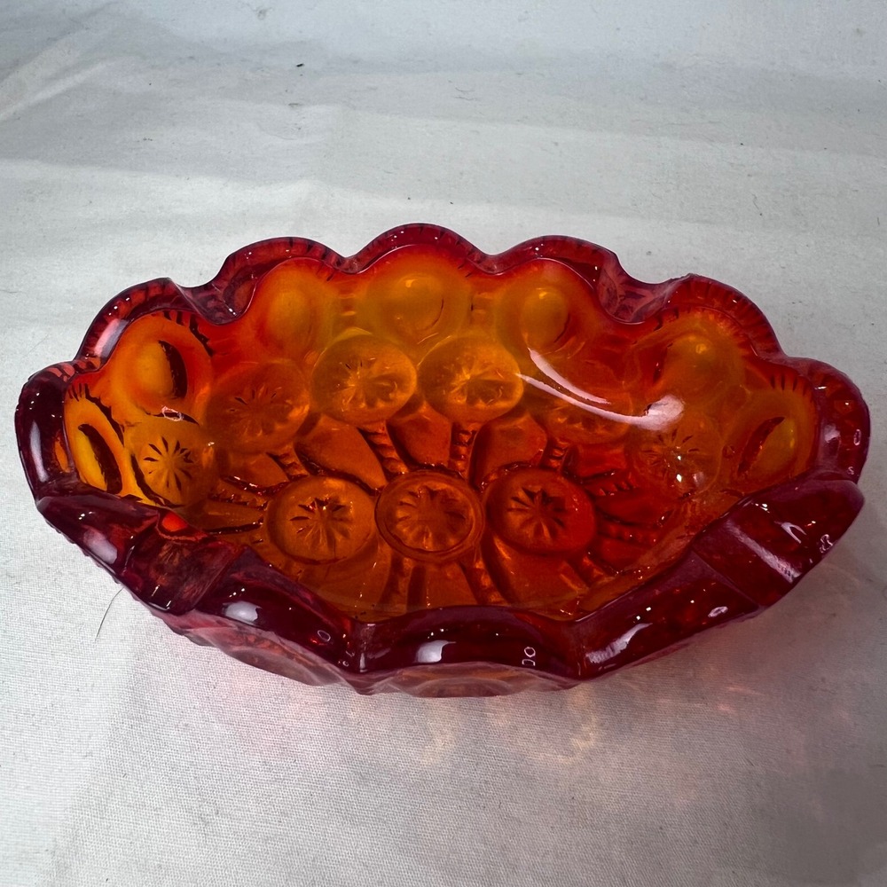 Vintage LE Smith Moon and Star Amberina Glass Bowl Scalloped Oval Candy Dish Red